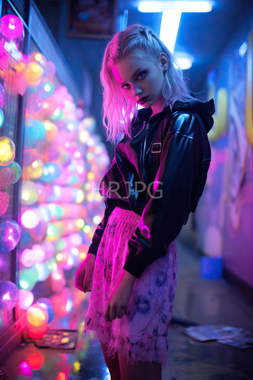 platinum blonde hair reflects flickering neon on weathered brick walls in urban alleyway
