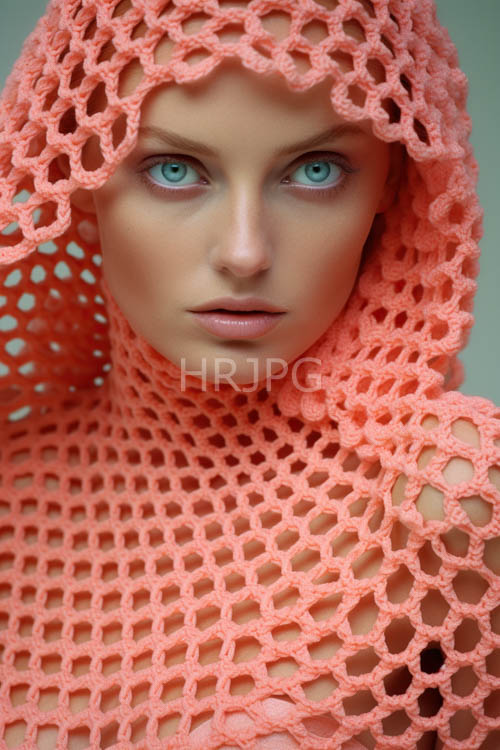 coralhued hood weaves intricate tapestry across delicate features in ethereal setting