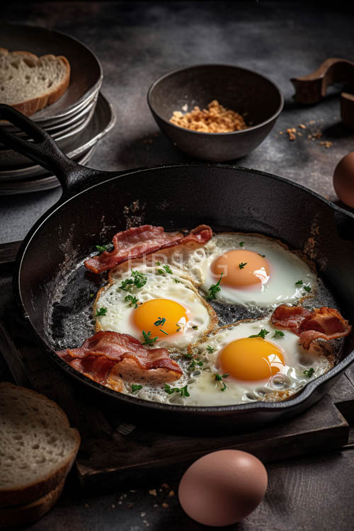 High Resolution: Sunlit Breakfast with Artfully Arranged Eggs and Bacon on Worn CastIron Skillet download. | HRJPG.com