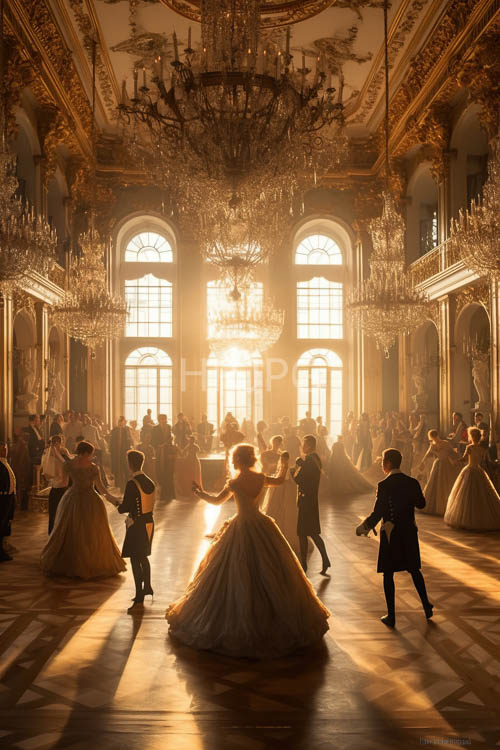 baroque opulence refracted through chandeliers in grandiose ballroom environments