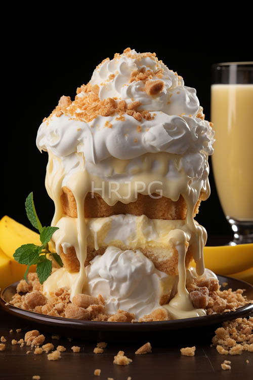 layered textured delicacy of whipped cream and crushed cookie topping on elegant goldenbrown cake displays