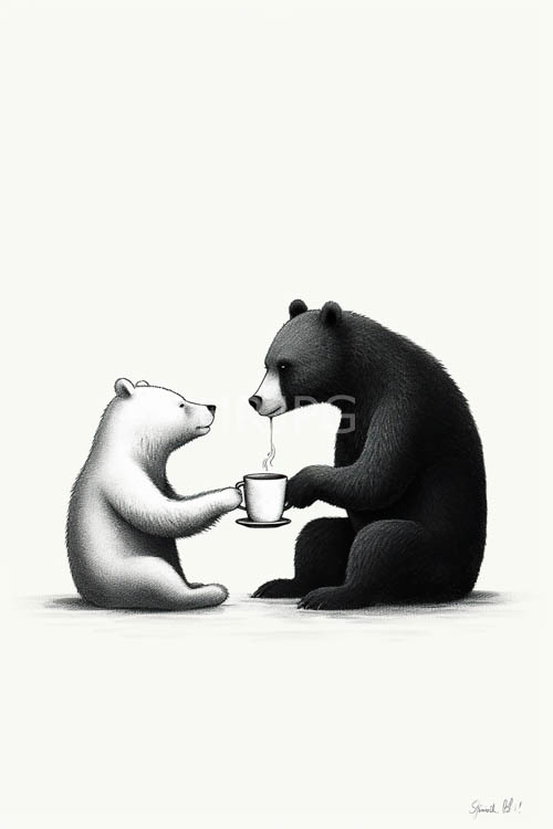 tea ceremony tables seat bear figures in tense atmospheres