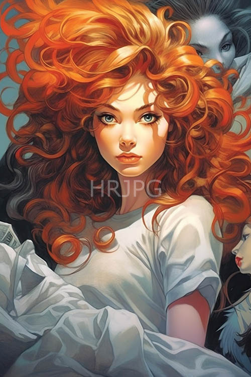 framed by cascading red locks in an atmospheric dimly lit studio setting