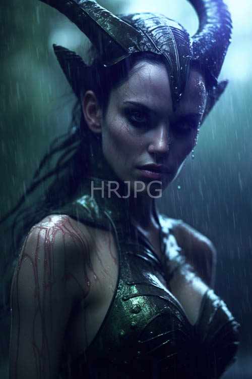 raindrops adhere to intricately patterned dark armor in misty ancient ruins