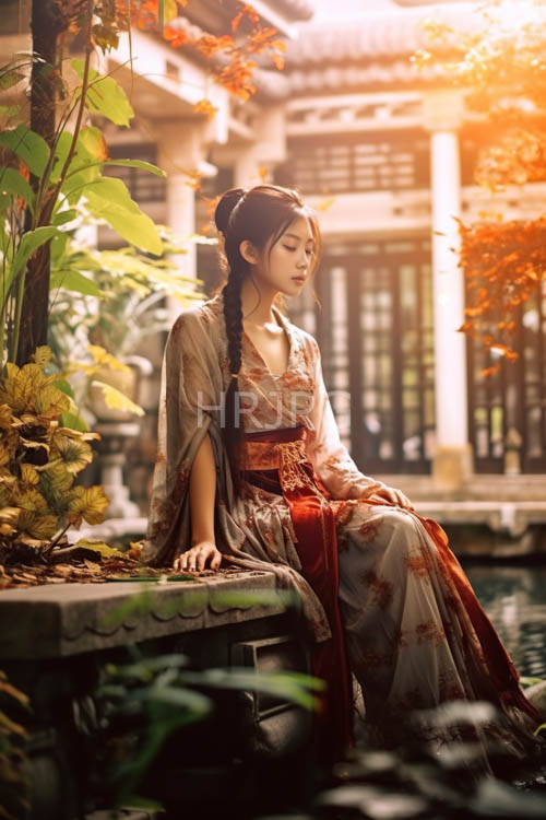 High Resolution: Lush Greenery Sways in Orange Light Behind Serene Waters Edge with Woman in Traditional Attire download. | HRJPG.com