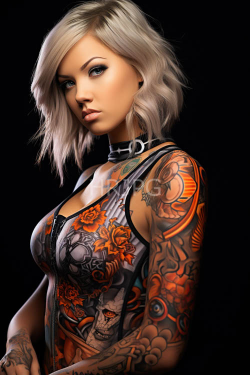 platinum blonde beauty unfolds amidst stark black background with orange floral tattoos