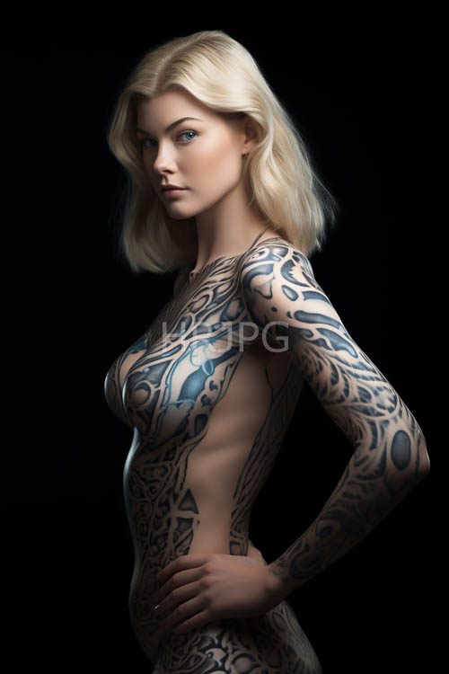 tribal tattoos glisten in dim light amidst stark black background and intricate facial patterns