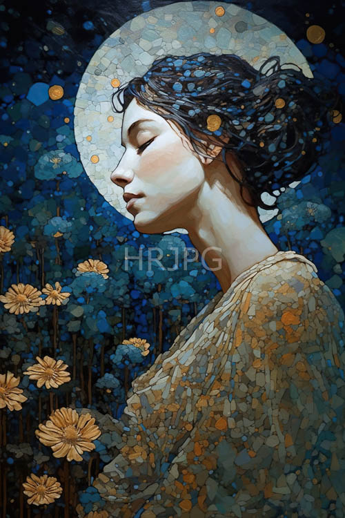 moonlit profile amidst blooming florals and celestial display