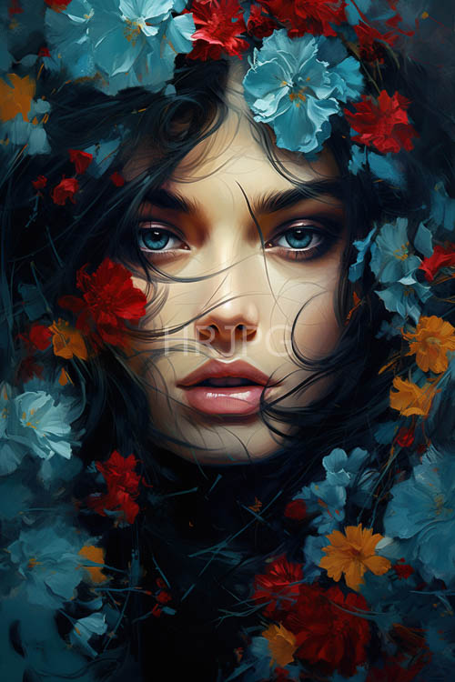 petals entwined with black hair in an intrinsic dance of nature and artifice in dimly lit chamber