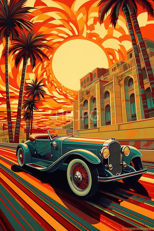 High Resolution: Convertible cars cruise along striped pavement during golden sunsets download. | HRJPG.com