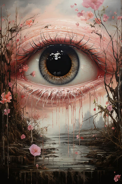 human eyes rest near pink flowers on wet grass