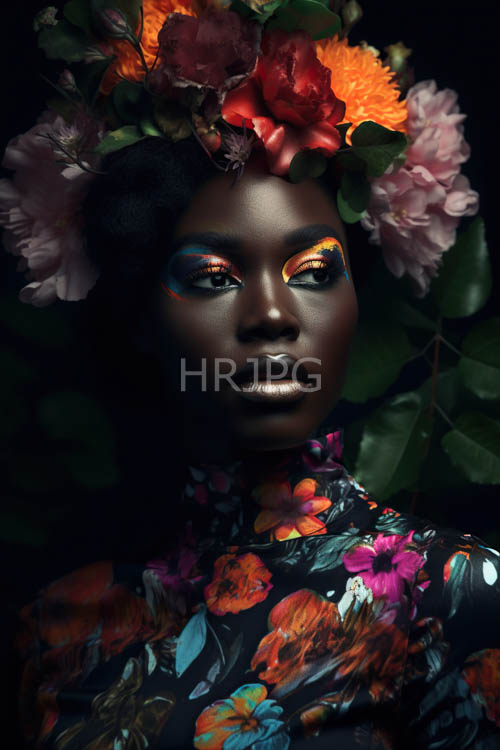 woman with rich skin wears elaborate headpiece with intricate floral patterns against dark backdrop