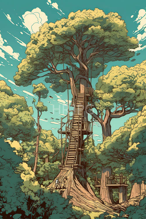 twisted wooden staircase rises into dense foliage of enormous tree canopy