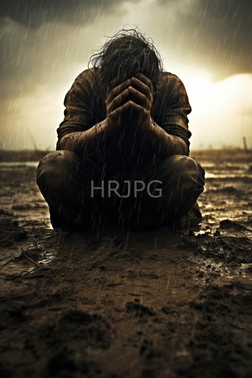 muddy terrain swallows disheveled man whole amidst overcast greybrown hues