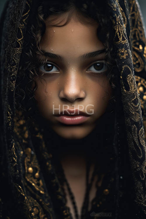 curly dark hair frames delicate features in ornate black and gold veil against blurred background