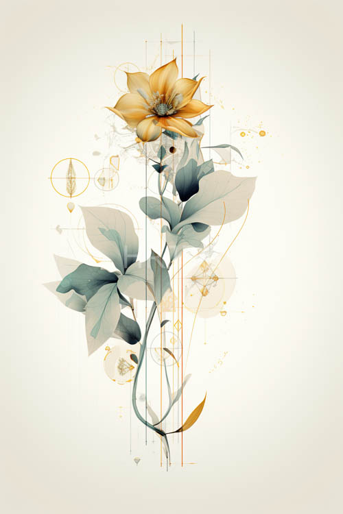 unfurling burnished yellow delicacy amidst geometric shapes and greenery in beige backdrop