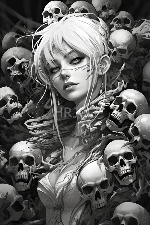 wooden skulls lean against tree roots and vines