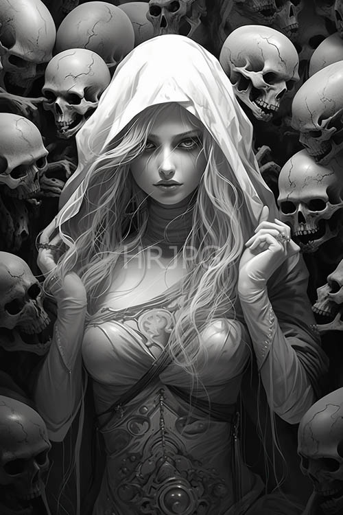 cascading tangled hair amidst crumbling skulls in graveyard setting with angular silhouette
