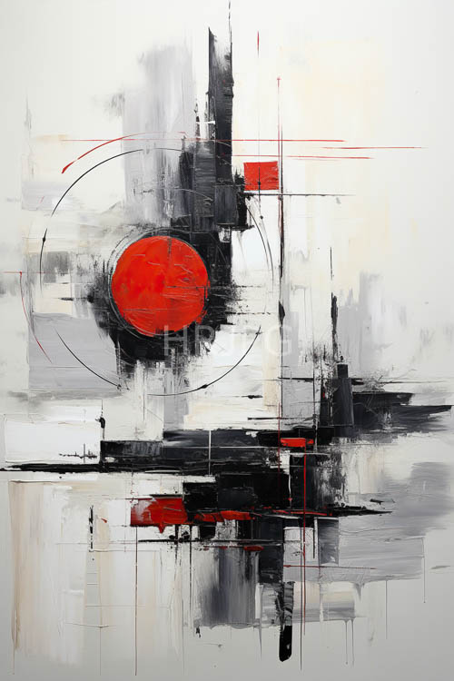 expressive brushstrokes converge in geometric chaos amidst orangered focal point