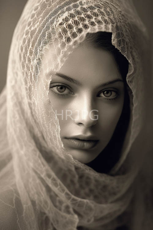 lace veil frames young womans intense gaze in sepiatoned realistic scenery