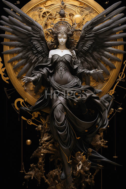 angel wings spread beside gold embroidery and clockwork gears