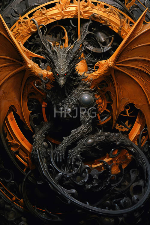 metallic dragons rest among complex industrial machinery gearwork