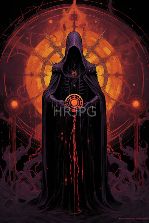fiery orange and inky black converge in foreboding hooded figures silhouette