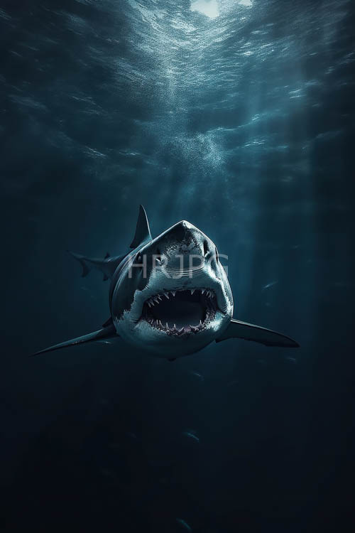 enormous great white shark glides effortlessly through oceans darkness with razorsharp teeth exposed