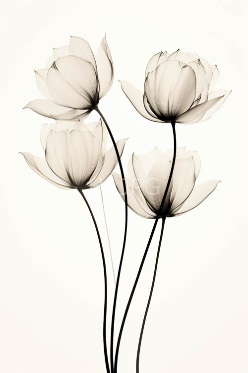 thin black stems support translucent petals in three dimensions