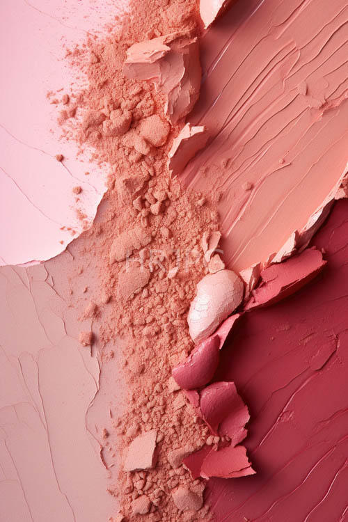 pink and red cosmetic powders create a textured layered effect on creamcolored foundation