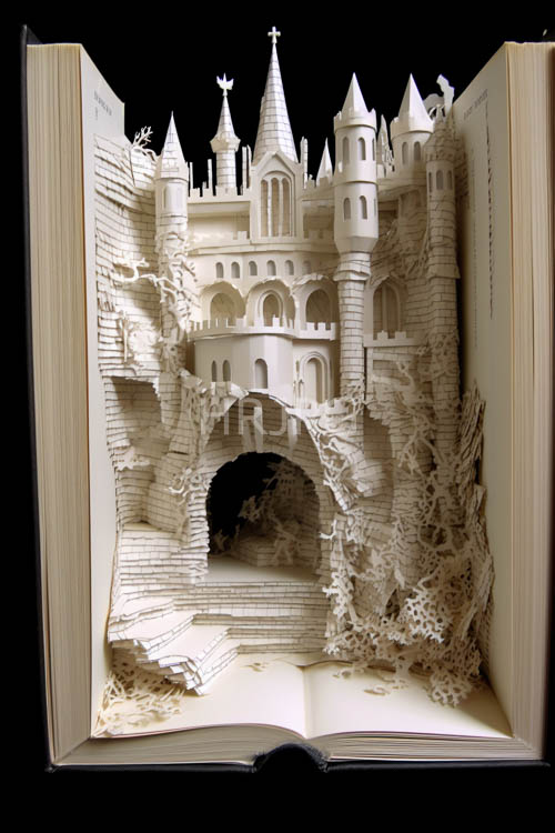 High Resolution: Cracked parchment pages reveal intricately carved stone castle within rugged outcropping setting download. | HRJPG.com