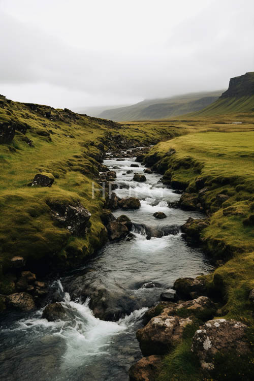 misty droplets cling to lush green blades of grass amidst turbulent water cascades and wispy cirrus clouds