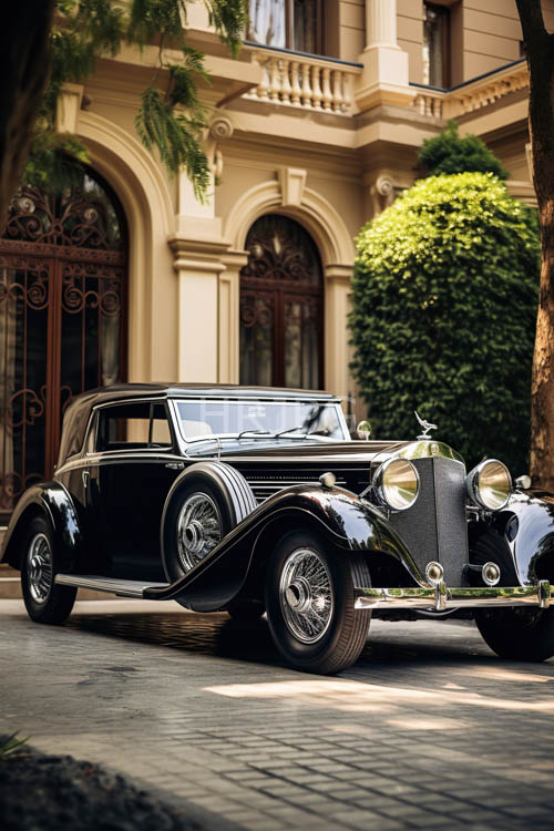 cobblestone streets support classic cars near green ivy buildings
