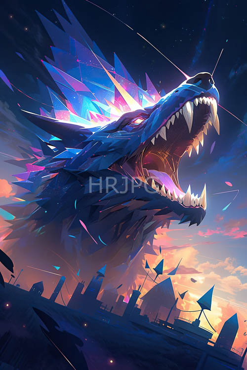 wolfs iridescent fur shimmers under faint starlight amidst futuristic cityscape