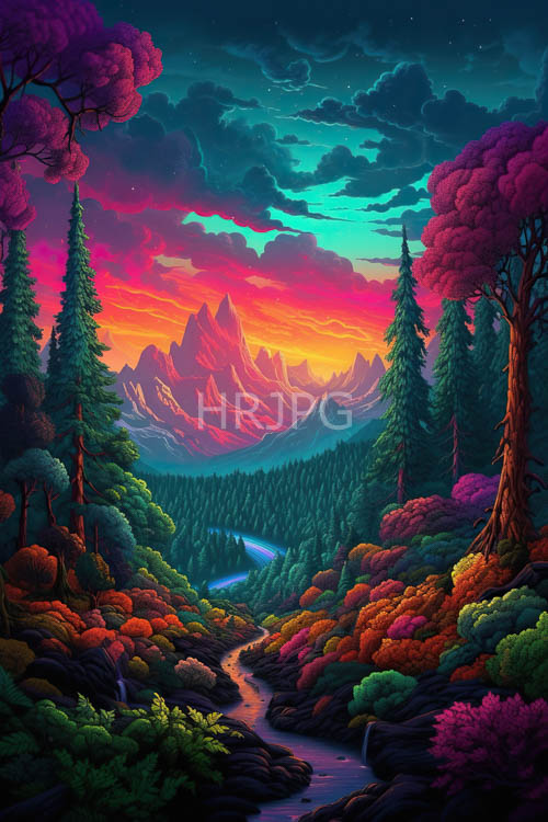 towering jagged mountains pierce the horizon amidst kaleidoscopic sunset hues in a dense wilderness river basin