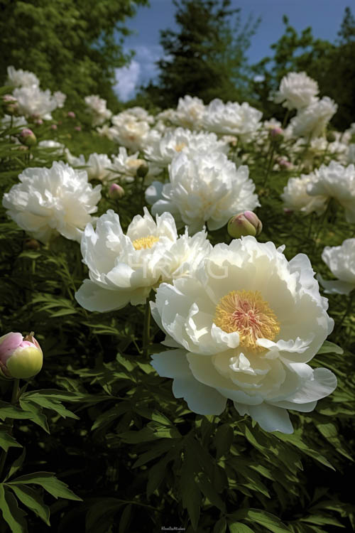 unfurling delicate white peonies in gentle morning light on a verdant garden landscape