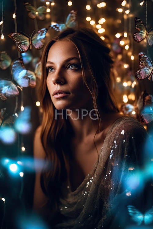 cascading red locks amidst kaleidoscopic florals and iridescent wings flutter