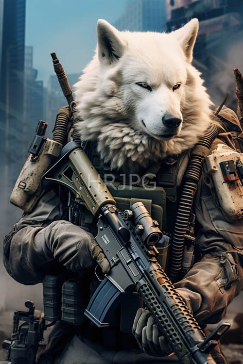 High Resolution: Cybernetic Wolf Patrolling KevlarReinforced Terrain with Enhanced Rifle and Intense Gaze download. | HRJPG.com