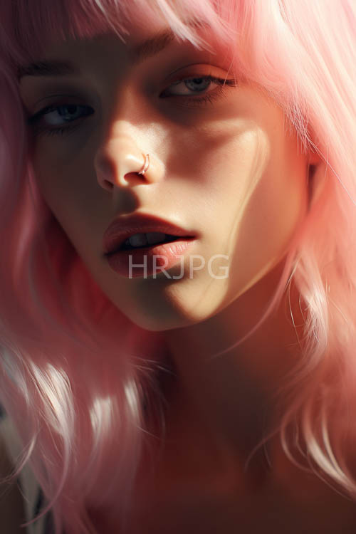 sunlit youthful face with pink hair and blue eyes in a delicate morning atmosphere