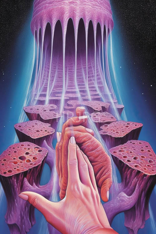 interwoven human hands amidst crystalline formation with delicate iciclelike accents