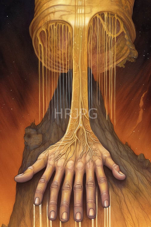 mountainous terrain unfolds beneath human form amidst celestial swirls of orange and black