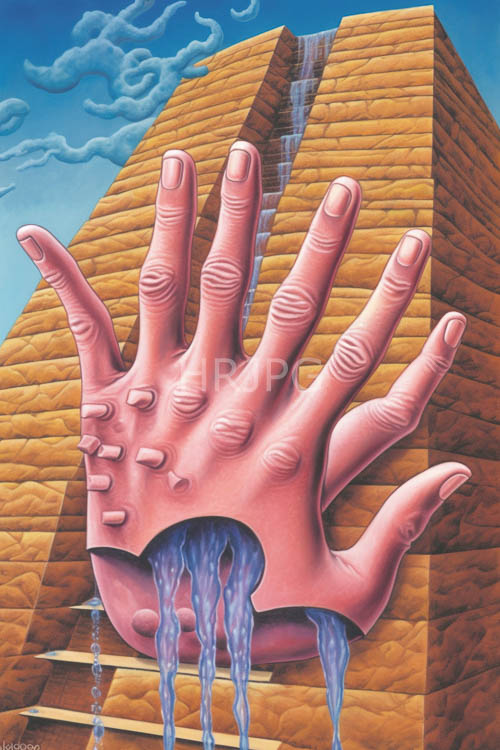 surrendering giant hand rises from dusty ground amidst ancient glimmering pyramids