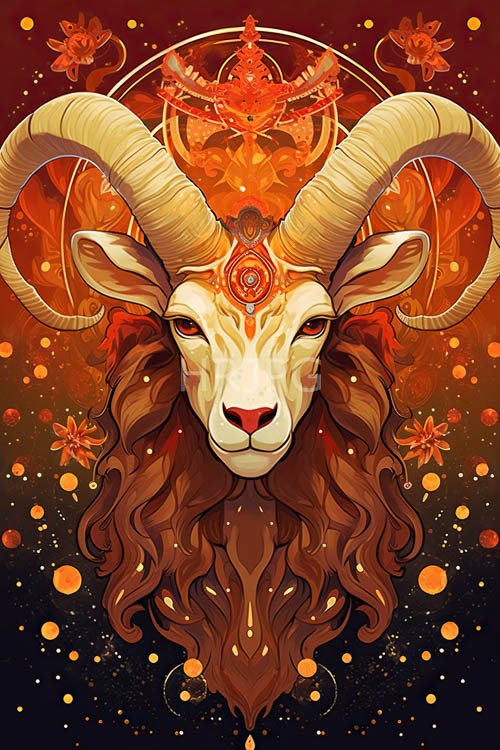 mystical goat amidst gradient orangered hues framed by cascading mane