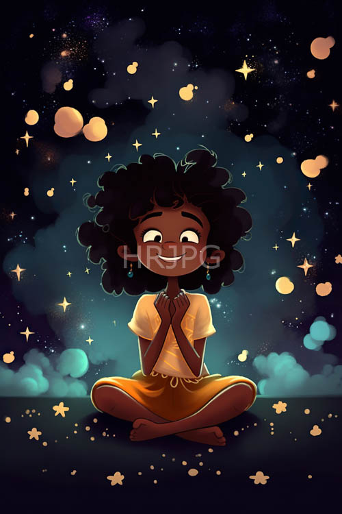 nighttime serenity unfolds with starlight dancing upon dark skin of a young girl in nature