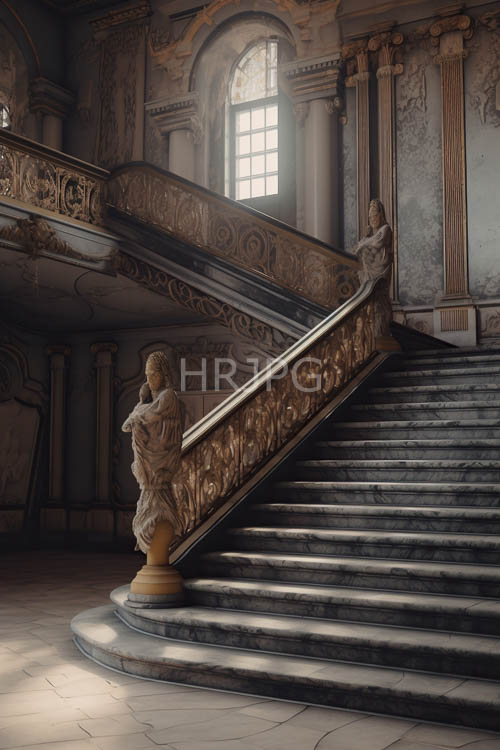 marble steps unfold beneath intricately carved railings in faint candlelight settings