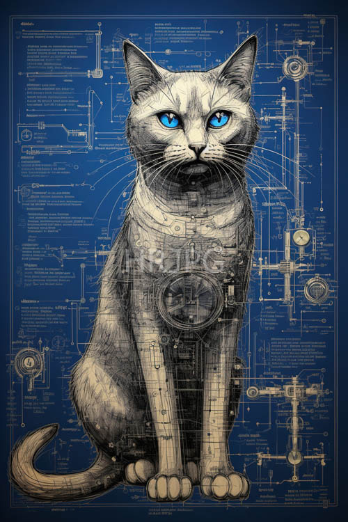 morning light overlays circuit diagrams on sleek grayfurred cats form in beige background