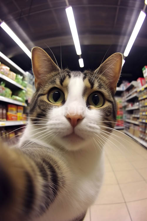 metallic cans reflecting store lights amidst tabby cats crouched observation