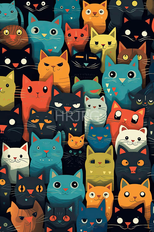 deep dark background populated by numerous colorful cats with varied expressions