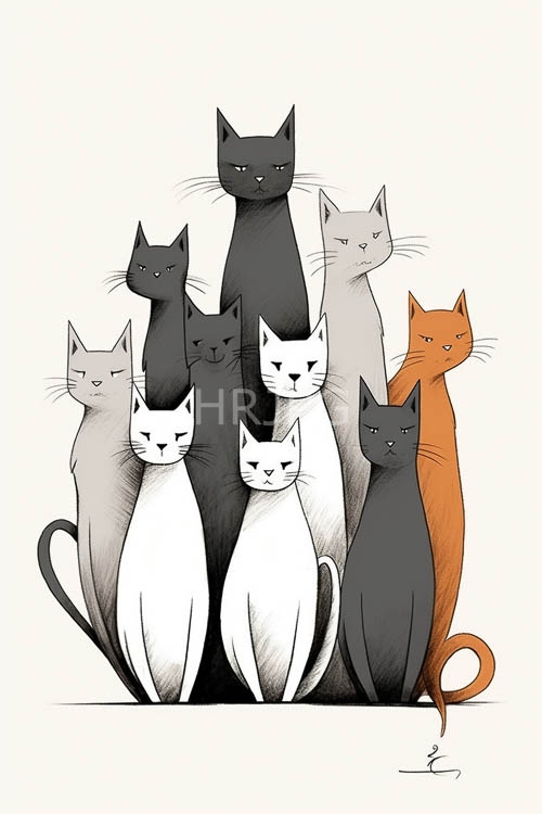 feline formations on offwhite backdrop with nuanced feline expressions in semicircle arrangement