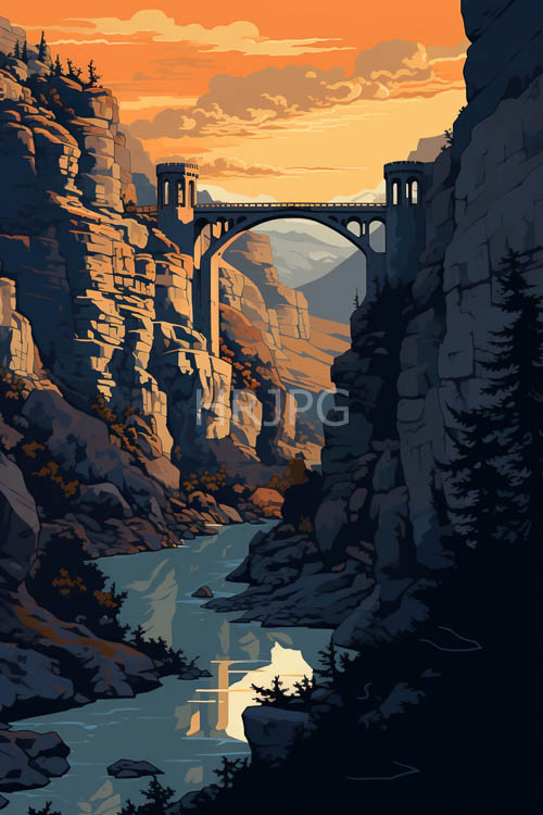 pine trees line rocky cliffs near stone bridges